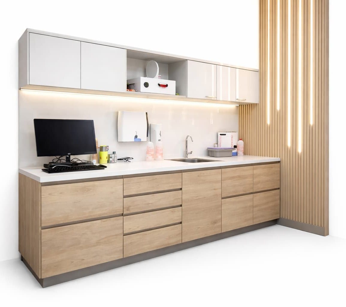 Módulo clínico en melamina con lavabo integrado