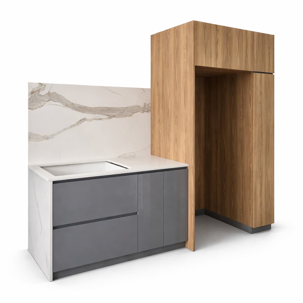 Módulo de cocina en melamina con lavadero y torre